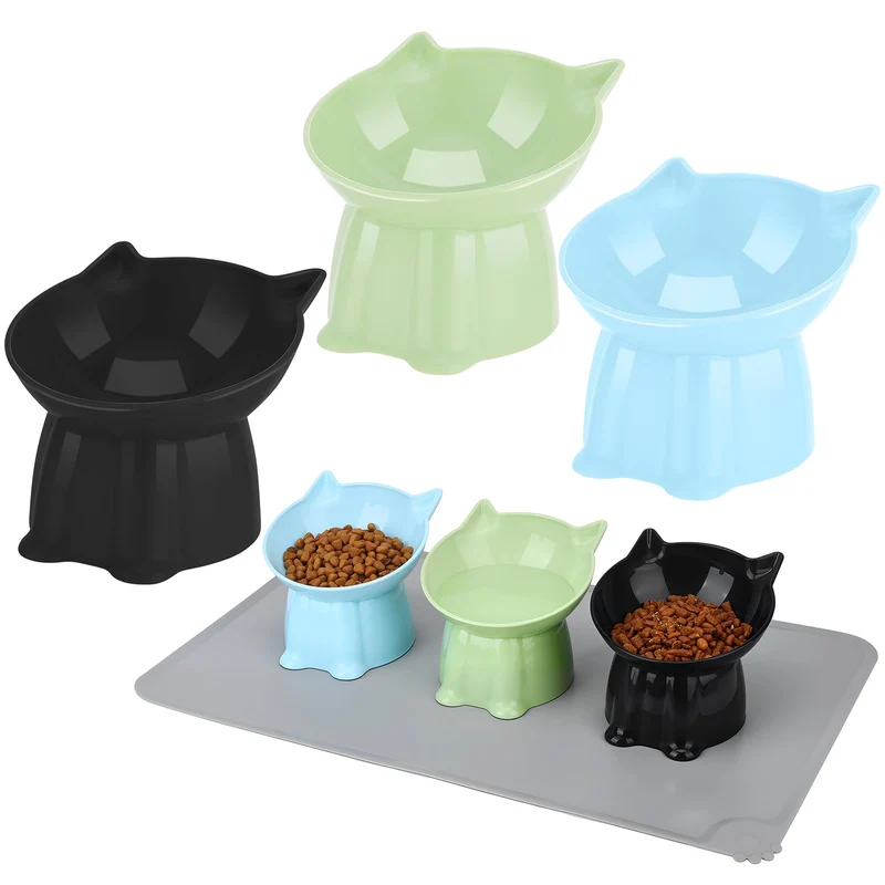 Hoemwarm – Ensemble de 3 Bols Chat Élevés 15° avec Tapis Silicone – Bleu, Noir et Vert