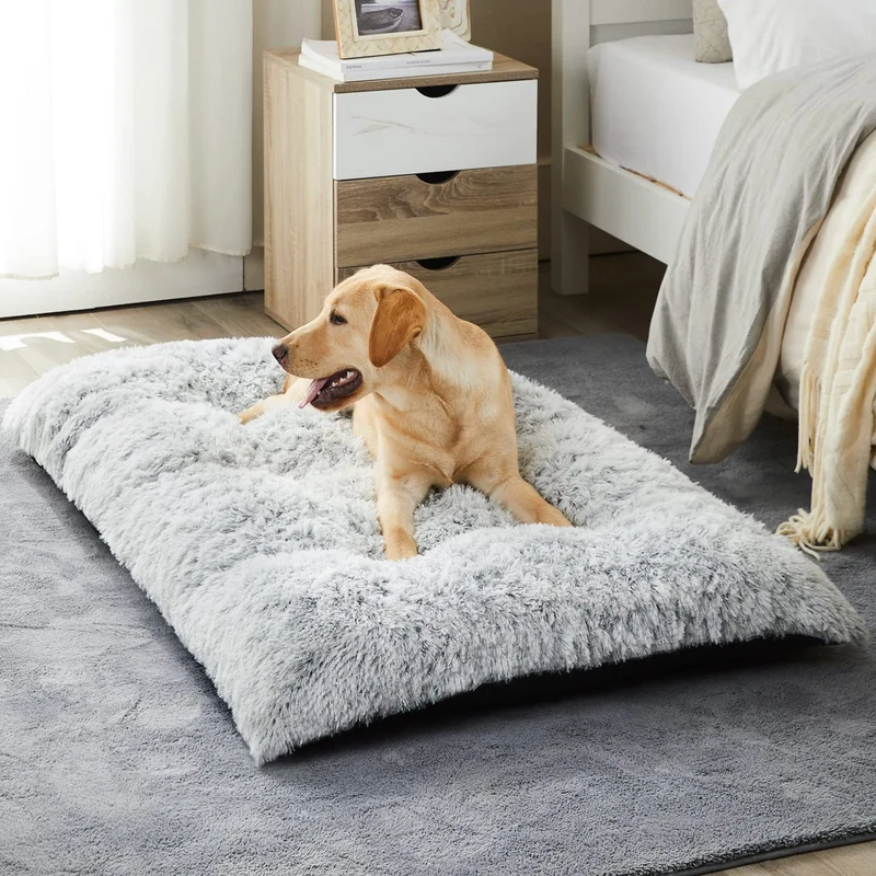 BFPETHOME Lit Chien Grand – Matelas Plush Douillet, Anti-Glisse Gris