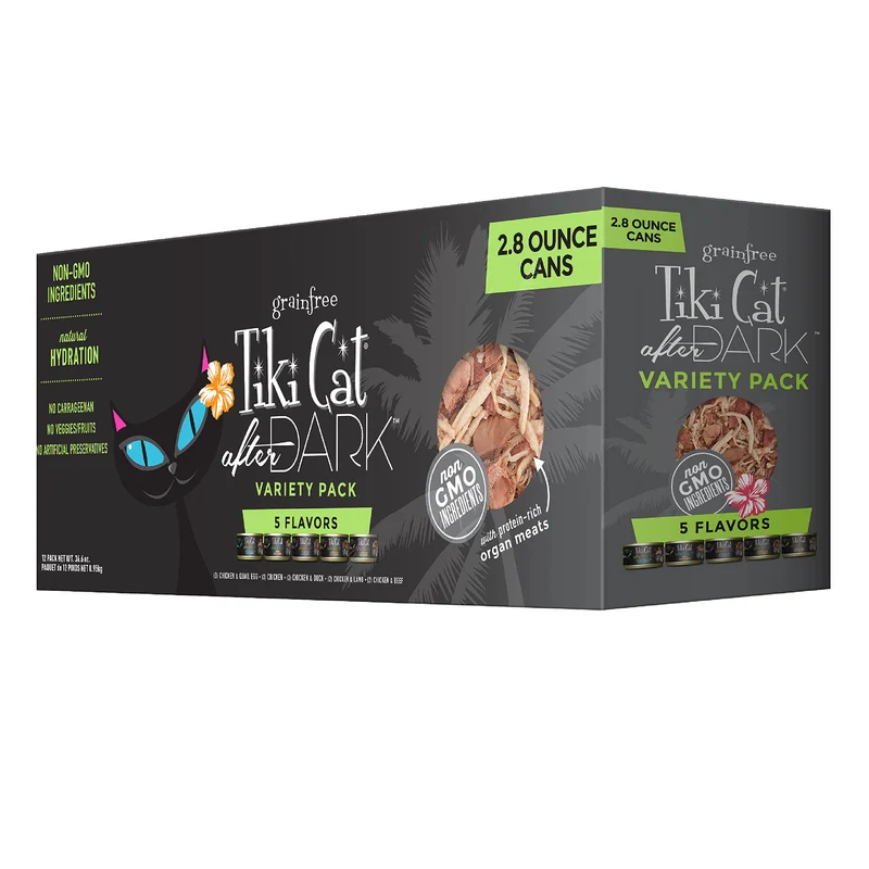 Pack Variété Tiki Cat After Dark – Protéines élevées, 100% sans OGM, Nourriture humide pour chats adultes (2,8 oz, 12 boîtes)