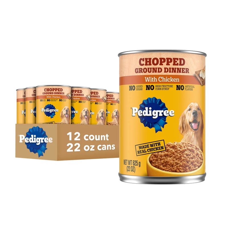Pedigree Chopped Ground Dinner — Nourriture humide pour chien adulte au poulet, boîtes 22oz, lot de 12