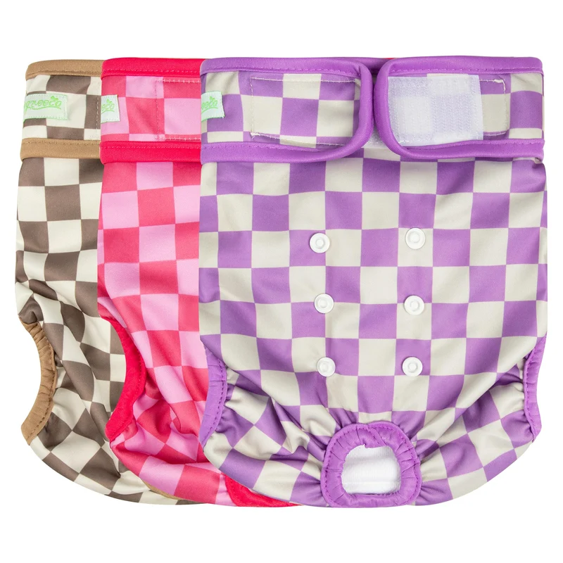 wegreeco Couches Lavables pour Chien Femelle — Absorbantes & Réutilisables, Lot de 3 (Carreaux Rouge, Violet, Café) Tailles XL