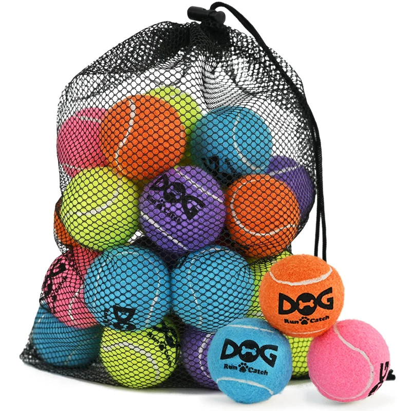 INSUM 20 Balles Tennis pour Chiens Petits – 2 Pouces, Sifflet Intégré, Sac Filet, SGS Certifiées, Non Toxiques