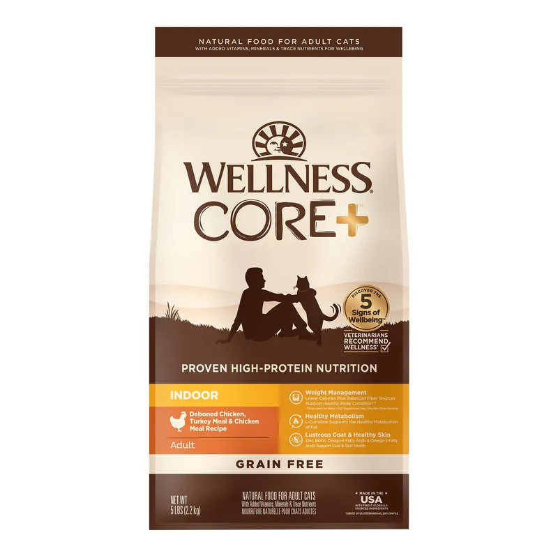 Wellness CORE+ Croquettes Sèches Chat Adulte Intérieur – Sans Céréales, Poulet et Dinde, 5 livres (2,27 kg)