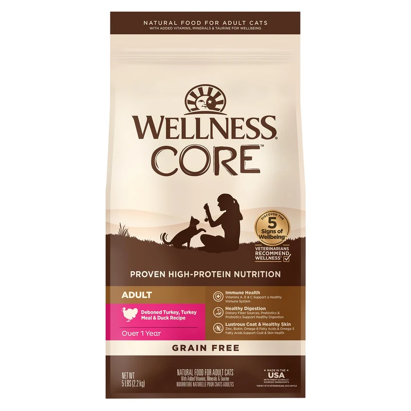 Wellness CORE Croquettes Sèches pour Chat Adulte – Dinde et Canard, Sans Céréales, 5 lb