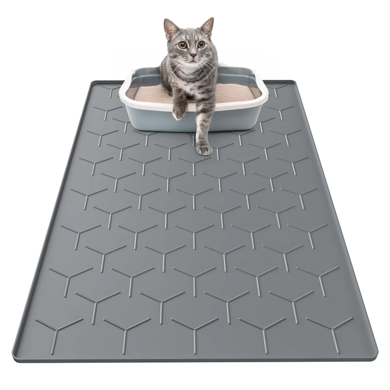 Tapis pour bac à litière Garoopion, 86 x 56 cm, silicone imperméable, gris foncé