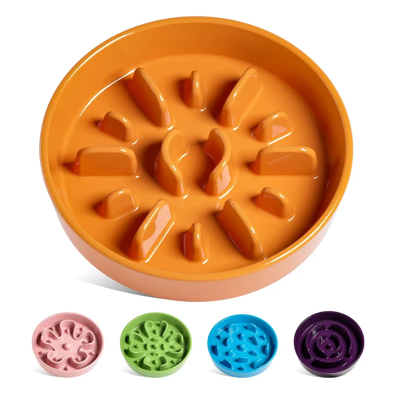 LE TAUCI Bol Lent en Céramique 1,5 Tasses — Pour Chiens Petits et Moyens, Soleil Orange
