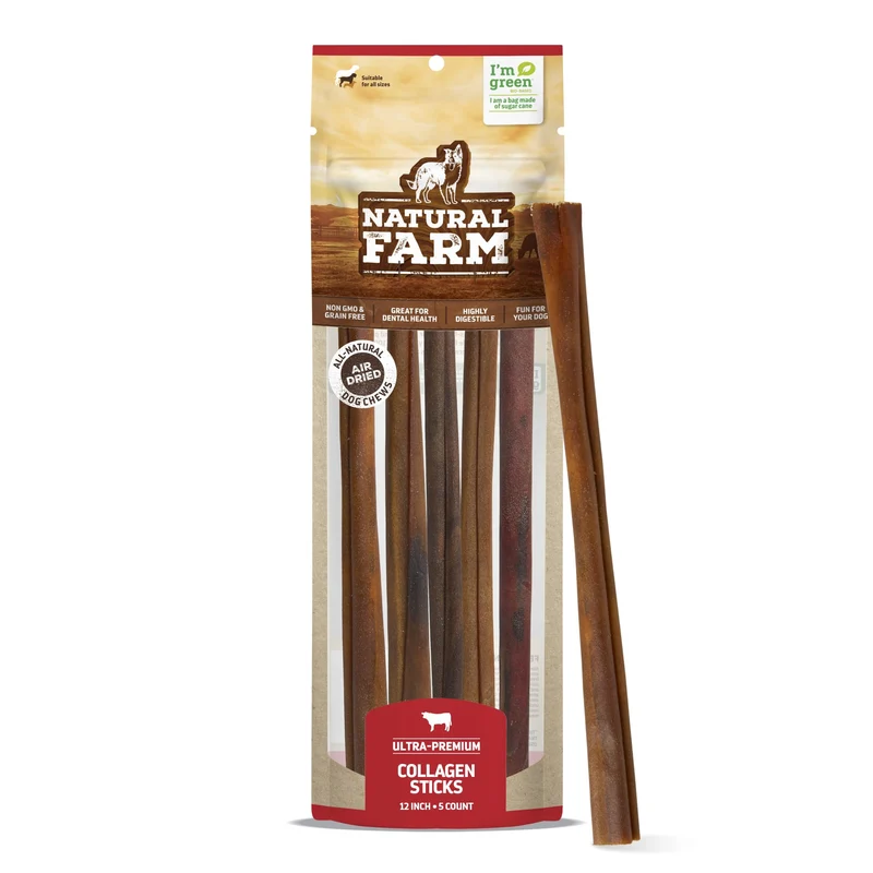Natural Farm – Bâtonnets de collagène pour chien (12 pouces, lot de 5) – Sans odeur, longue durée – Alternative au cuir cru, 95% collagène, faible teneur en graisse – Chiens moyens et grands
