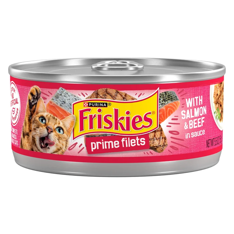 Purina Friskies Prime Filets Saumon et Boeuf en Sauce – Alimentation humide pour chat à haute teneur en protéines, lot de 24 x 5,5 oz