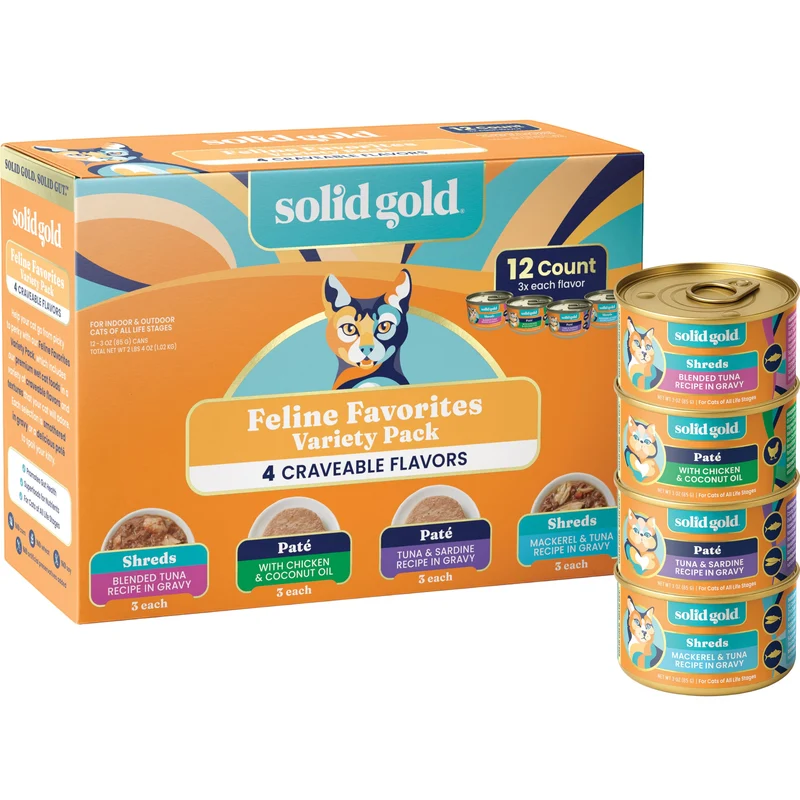 Pack Variété Solid Gold – Aliments Humides pour Chat (Pâté et Morceaux Effilochés en Sauce) Sans Céréales et Sans Gluten – 12 boîtes de 3 onces