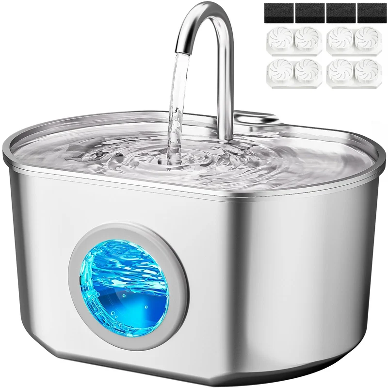 Neareal Fontaine d'eau pour chat en inox – 74 oz / 2,2 L, filtration quadruple et pompe silencieuse