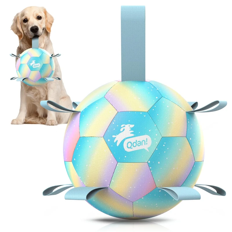 QDAN Balle pour chien : Ballon de football interactif avec sangles, dégradé bleu, 8 pouces