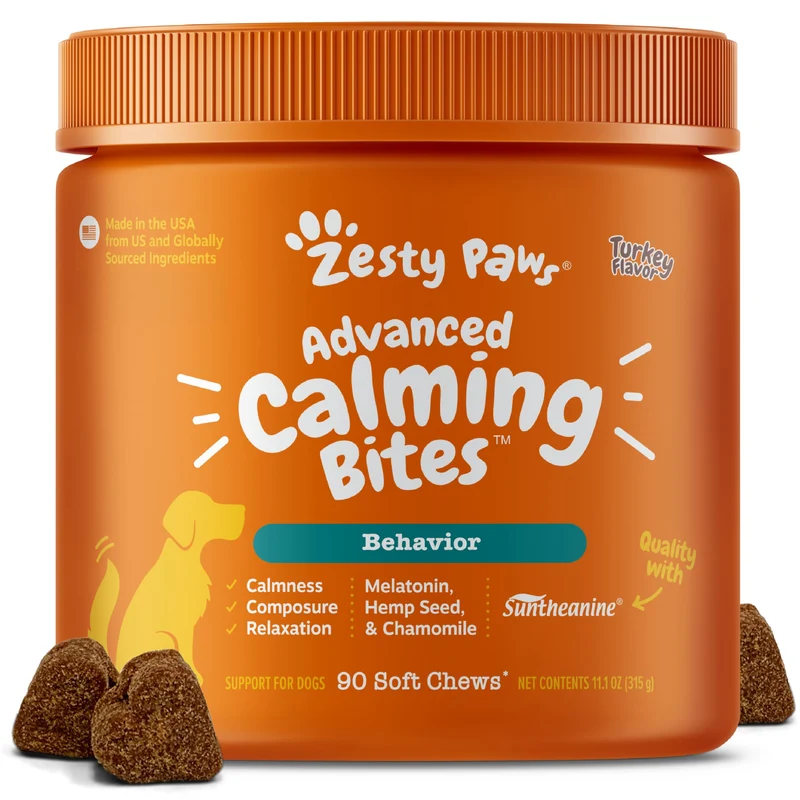 Zesty Paws Advanced Calming Soft Chews pour chiens – Apaisement quotidien et sérénité face au stress, à la séparation et aux orages – Mélatonine, Ashwagandha & L-théanine – 90 bouchées molles