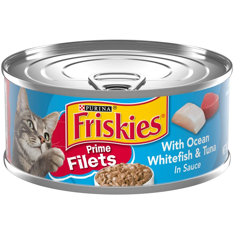 Friskies Prime Filets Thon et Poisson Blanc en Sauce – Haute Protéine, Aliment Humide pour Chat Adulte, Lot de 24 Boîtes 5,5 oz