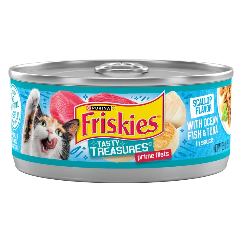 Purina Friskies Tasty Treasures – Pâtée humide pour chat adulte au poisson de mer et au thon en sauce, saveur coquille Saint-Jacques – Lot de 24 boîtes de 156 g (5,5 oz)