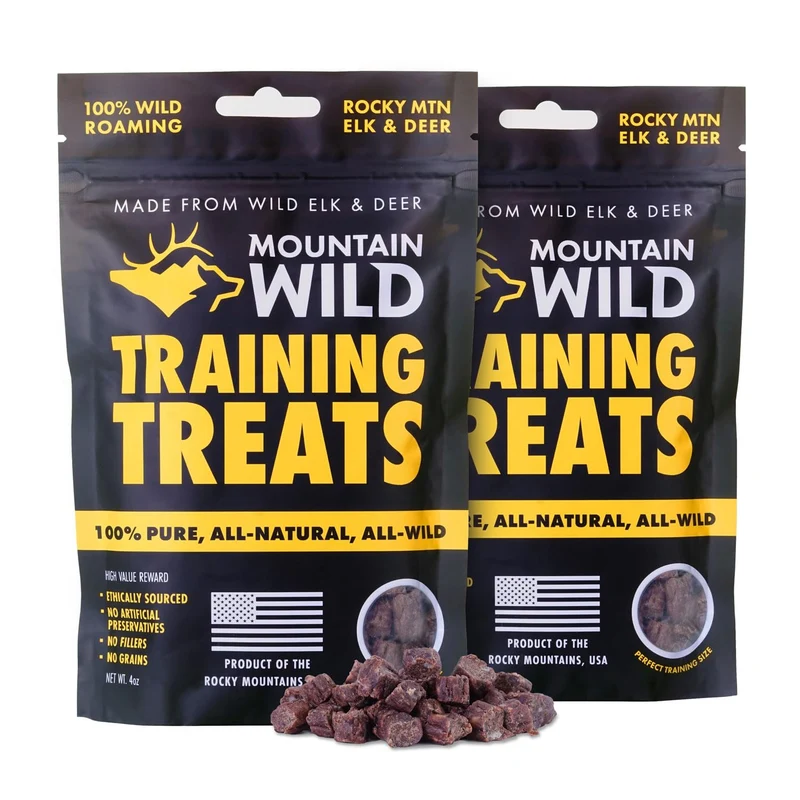 Friandises d’entraînement MOUNTAIN WILD – Protéine wapiti et venaison, sans céréales, naturelles – 4oz x 2 sachets