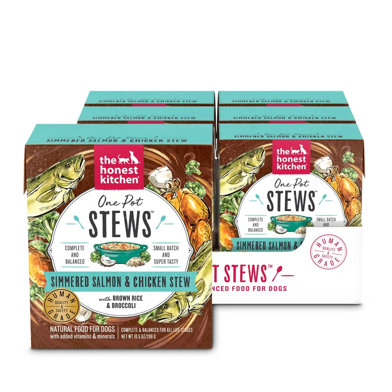The Honest Kitchen Ragoûts en Pot Unique: Saumon et Poulet mijotés, Riz brun et Brocoli – Aliment humide humain pour chiens, 10,5 oz x6