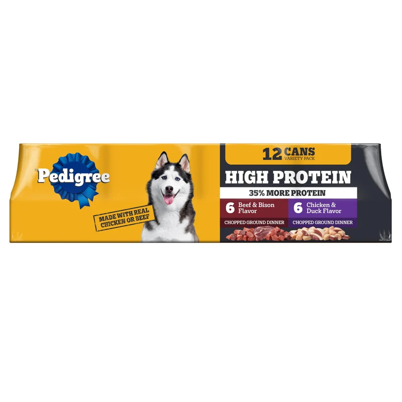 Pedigree Haute Protéine – Aliment Humide Chien Adulte, Pack Saveurs Poulet-Canard et Boeuf-Bison, 12 Boîtes 375 g