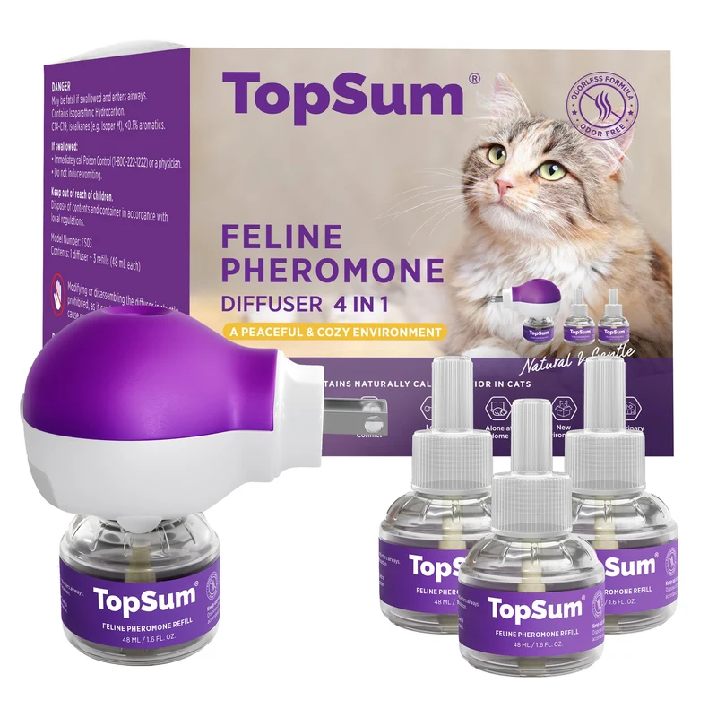 TopSum Diffuseur de Phéromones pour Chats – Kit Valeur (1 Diffuseur + 4 Récharges)