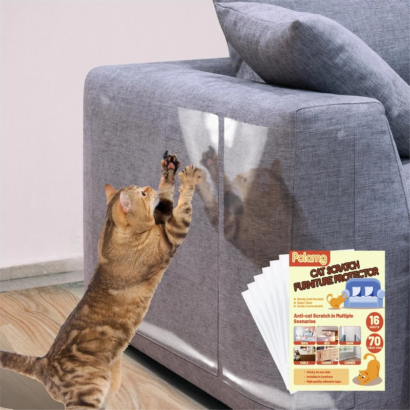 Polamg Protège-meubles anti-griffures pour chat – Ensemble 16 pièces, adhésif simple face, sans résidu, pour canapé, portes et murs, avec 70 épingles torsadées