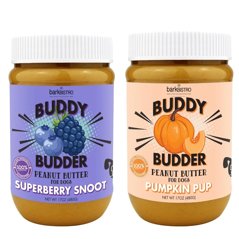 BUDDY BUDDER Bark Bistro – Beurre de cacahuète naturel pour chiens Superberry Snoot + Pumpkin Pup (Set de 2, 480 g)