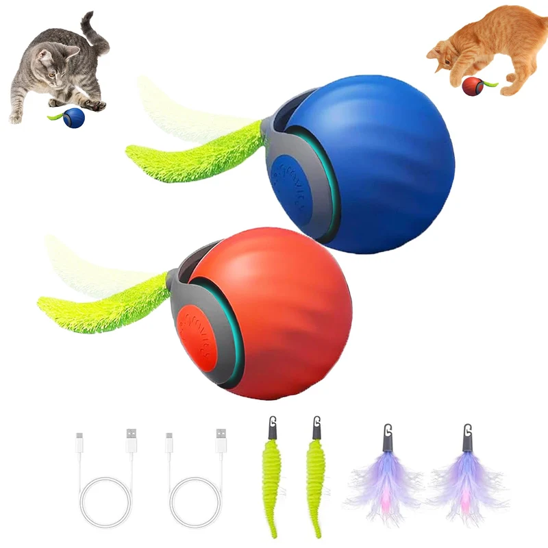Yikuhot – Jouets interactifs pour chats d’intérieur, 2 packs et 4 queues automatiques, balle mobile et 2 vitesses (Orange/Bleu)