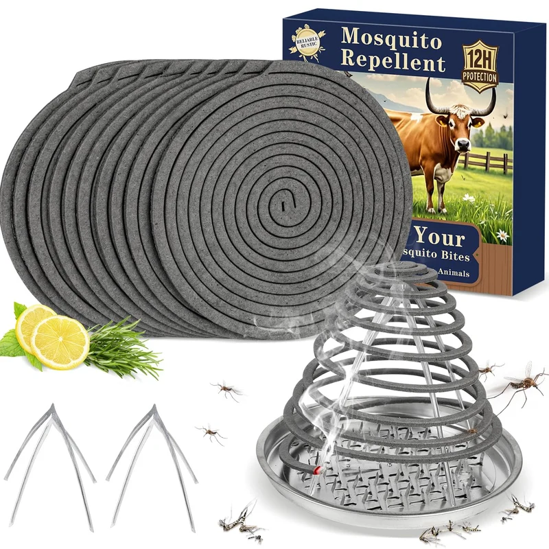 COOMLY – Spirales anti-moustiques et anti-mouches pour bétail, lot de 10, citronnelle naturelle, 12h, avec porte-support et 2 supports