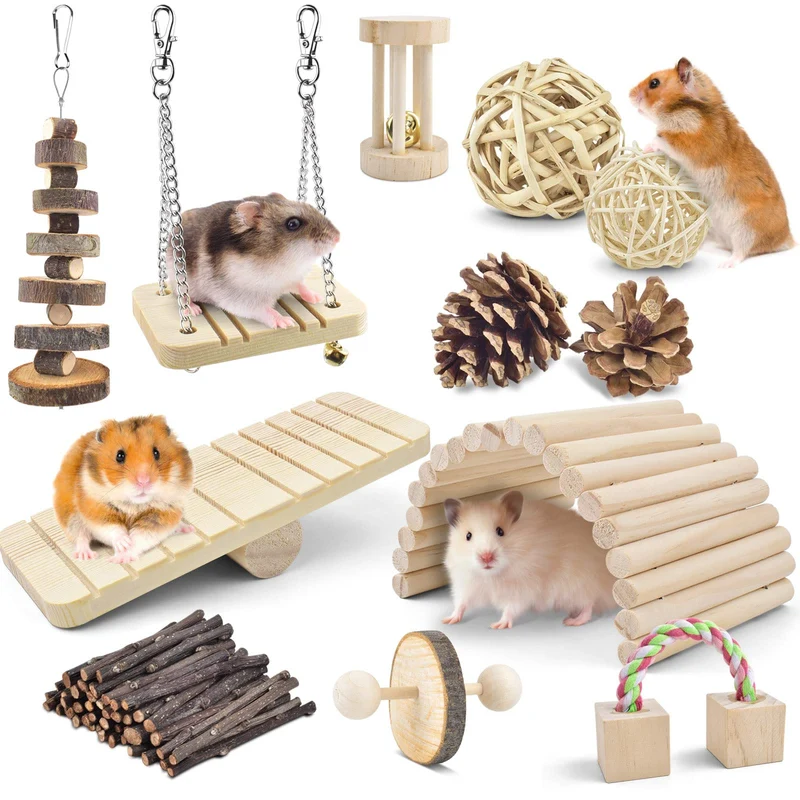 ERKOON Pack de 12 Jouets à Mâcher en Bois pour Petits Animaux — Hamster, Chinchilla, Cochon d’Inde, Gerbille