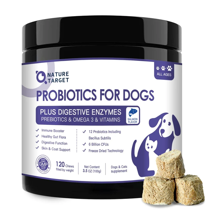 NATURE TARGET Probiotiques pour Chiens – 6 Milliards CFU, Saveur Saumon, 120 Friandises