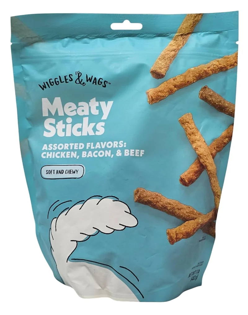 Bâtonnets carnés Wiggles & Wags — Poulet, Bacon et Boeuf, Friandises pour chien, Sac de 1 Livre