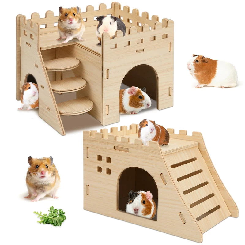 PETKNOWS – Lot de 2 Maisons pour Hamsters et Cachettes en Bois, Château Facile à Monter avec Escaliers