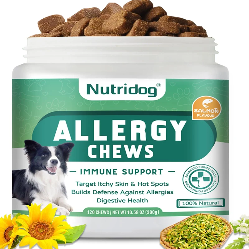 Nutridog Friandises Allergie Chien Saumon – 120 bouchées, Quercétine & Probiotiques 300M | Soutien immunitaire et confort cutané