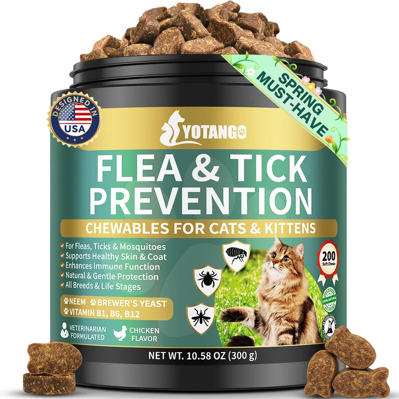 YOTANGO – Traitement naturel contre les puces et tiques pour chats, 200 comprimés masticables