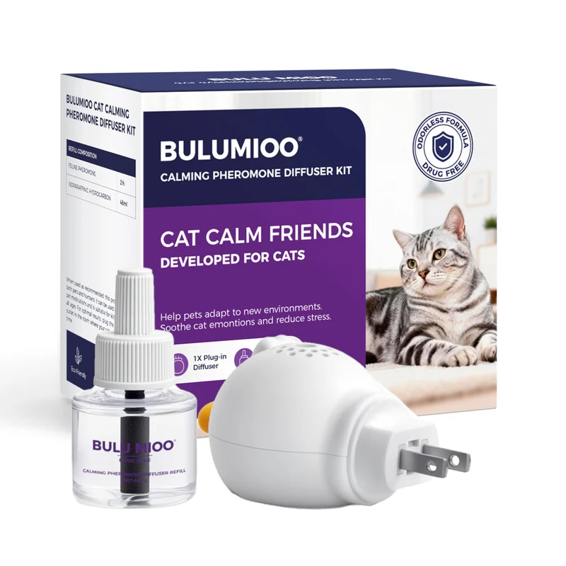 BULUMIOO Diffuseur de phéromones pour chat – Kit démarrage 30 jours (1 diffuseur + recharge 48 ml) – Sans odeur