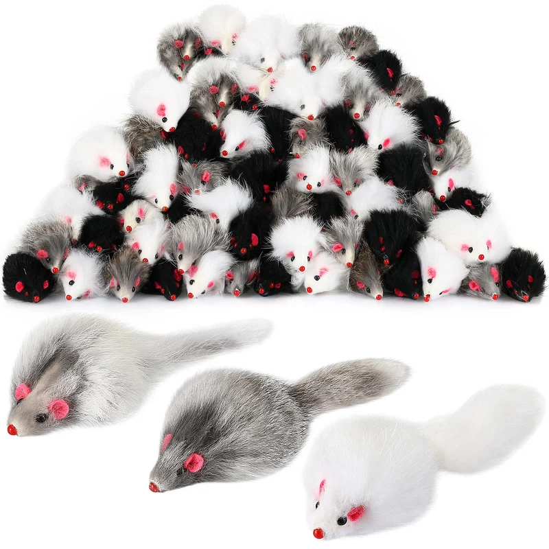 Hungdao 60 Souris Peluche pour Chat – Jouets Interactifs en Fourrure de Lapin, 3 Couleurs (Blanc, Noir, Gris)