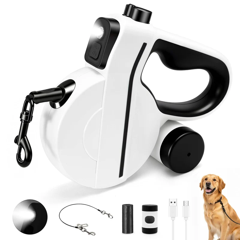 PETSWEET Longe Rétractable LED 16ft — Ruban réfléchissant, Distributeur de Sacs, Câble Acier, Frein à Bouton pour Chiens jusqu'à 66 lb