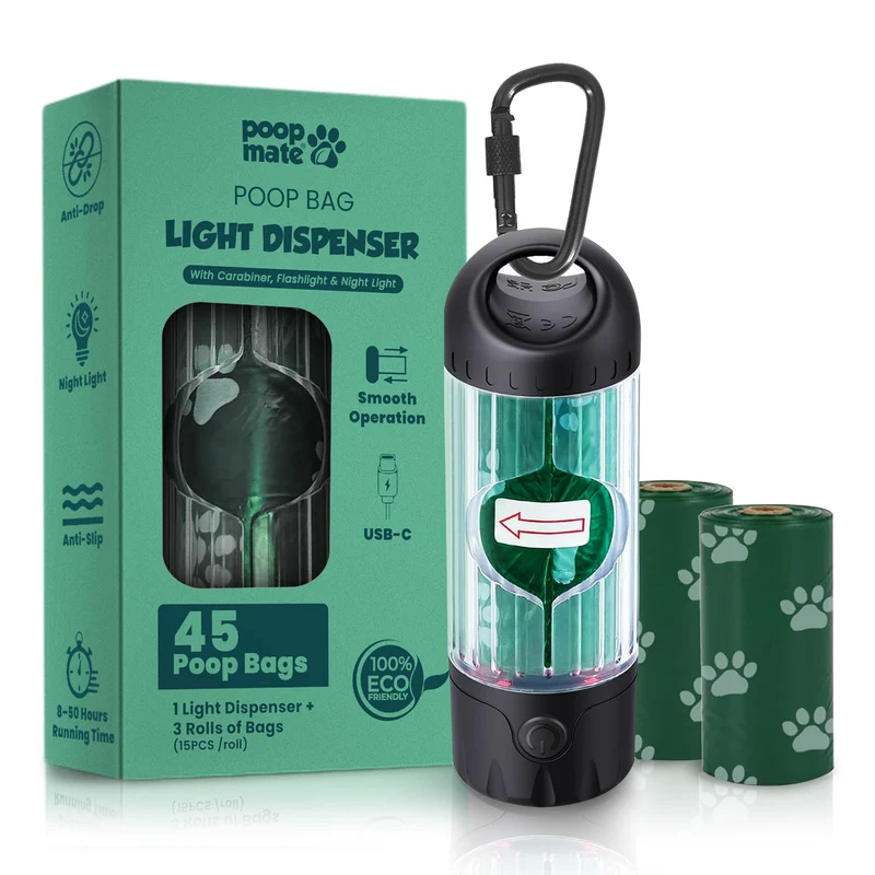 Poop Mate Distributeur de Sacs avec LED – 45 Sacs, USB-C, Étanche, Clip Anti-Glisse