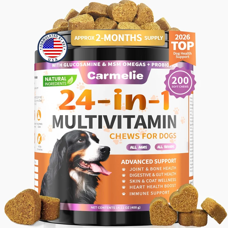 Carmelie – Vitamines chien 24 en 1 – 200 friandises pour articulations, peau et digestion