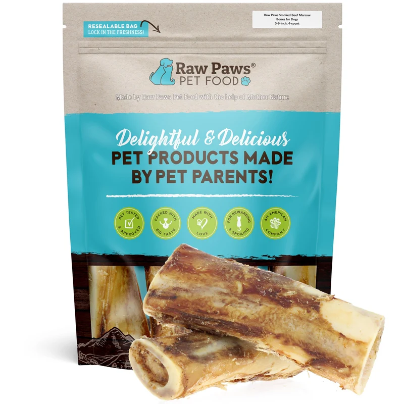 Raw Paws Os à moelle fumés de boeuf pour chiens – 6 pouces (4 pièces) – Fabriqué aux États-Unis – Friandise durable pour chiens agressifs