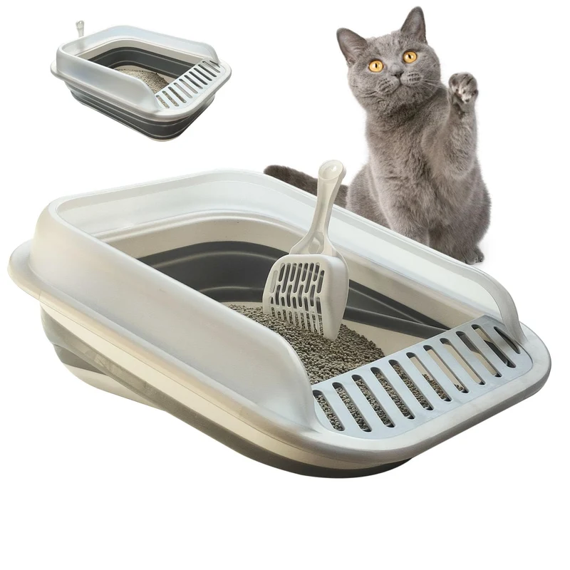 Paxlkuao Bac à litière pour chat pliable – haute paroi, anti-éclaboussures, gris moyen