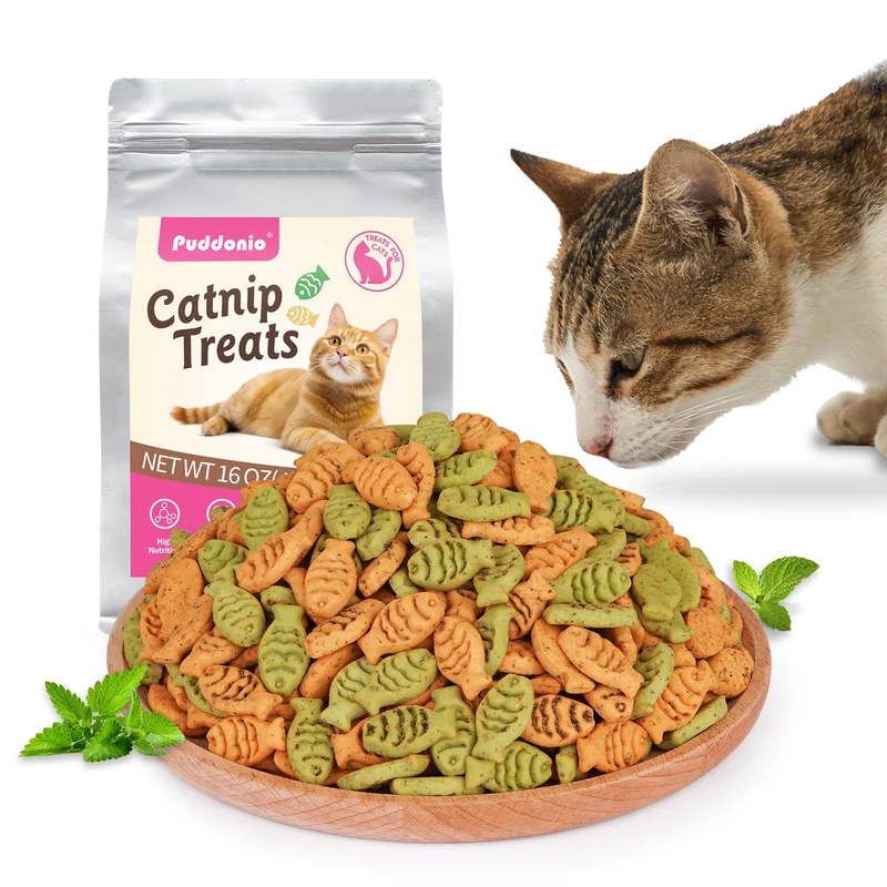 Puddonio Friandises Cataire pour Chat – Croquantes Saveur Poulet & Saumon, Forme Poisson, 16 oz