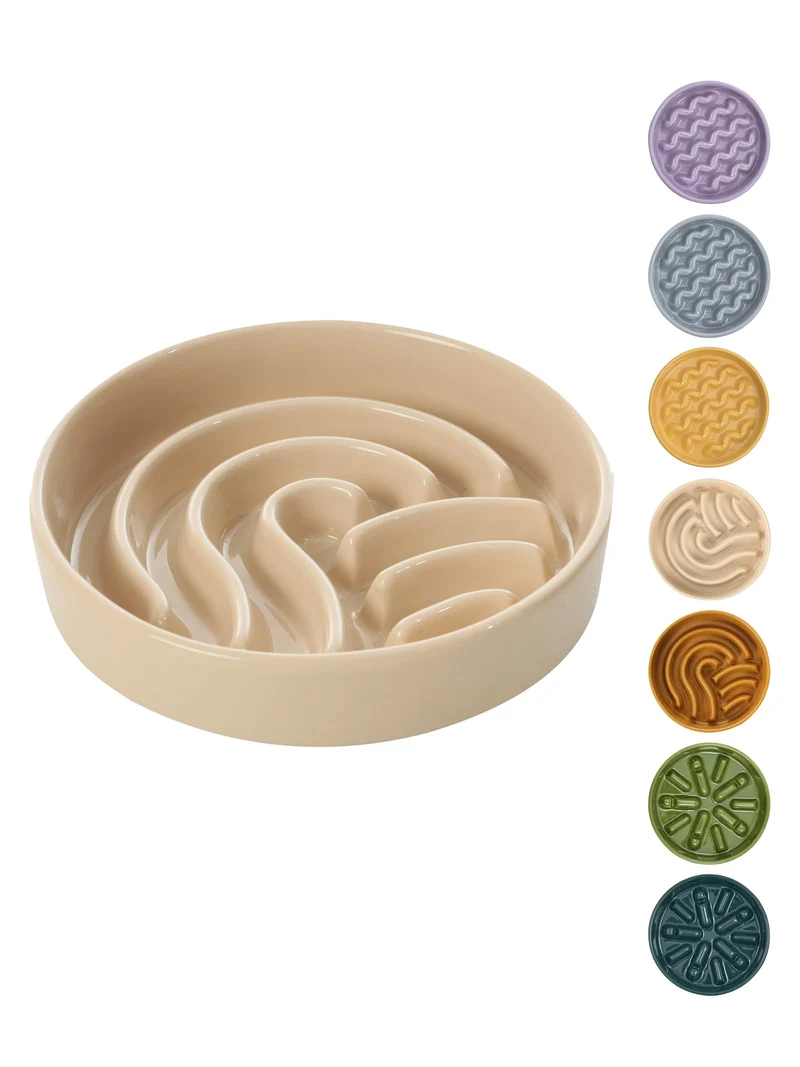 BICOPET Bol Labyrinthe en Céramique pour Chiens – Anti-Dérapant, Support en Bambou, Ralentit les Repas (Apricot-M)