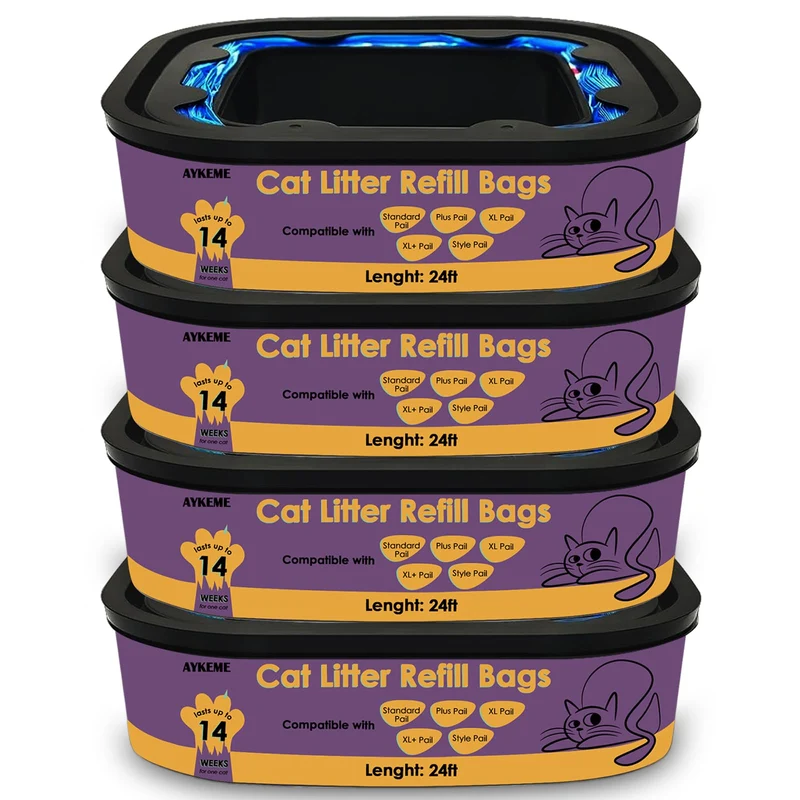 AYKEME – Sacs recharge Genie Litter, compatibles seaux standard/plus/xl/xl+, 4×24 pieds, jusqu’à 14 semaines par chat