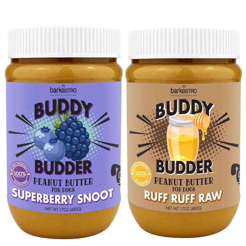 Bark Bistro Company – Superberry Snoot + Ruff Ruff Raw Buddy Budder, Beurre de cacahuète naturel pour chien, Lot de 2 pots 17 oz, Fabriqué aux Etats-Unis