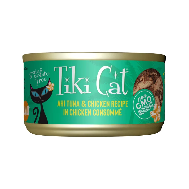 Tiki Cat Luau Thon Ahi et Poulet en Consommé — Sans céréales, Nutrition équilibrée, Tous les âges, Pack 12 boîtes 2,8 oz