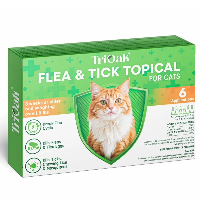 TriOak Prévention Puces et Tiques pour Chats — Topique, 6 Doses sur 6 Mois (Pack 6)