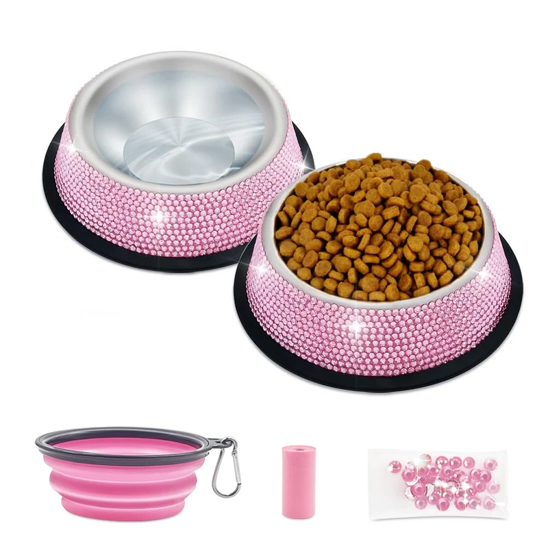 Triumilynn Bols Rose à Strass en Acier Inoxydable – Chat et Chien, Pack de 2