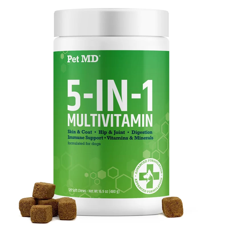 Pet MD 5en1 – Friandises molles pour chien, 120 unités | Soin peau & pelage, hanches, digestion, immunité