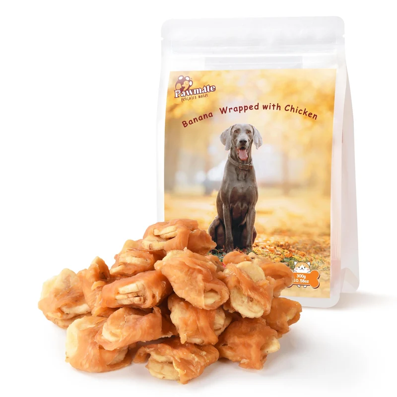 Friandises Pawmate pour chien – Tranches de poulet enrobées de banane, Taurine 1 %, Sans cuir, Sans céréales – 10,6 oz