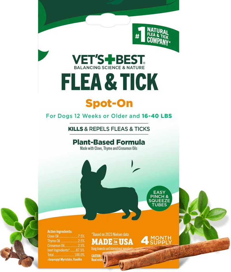 Vet's Best Gouttes Botaniques Puces et Tiques — Chiens Moyens, Base de Plantes, 4 Mois