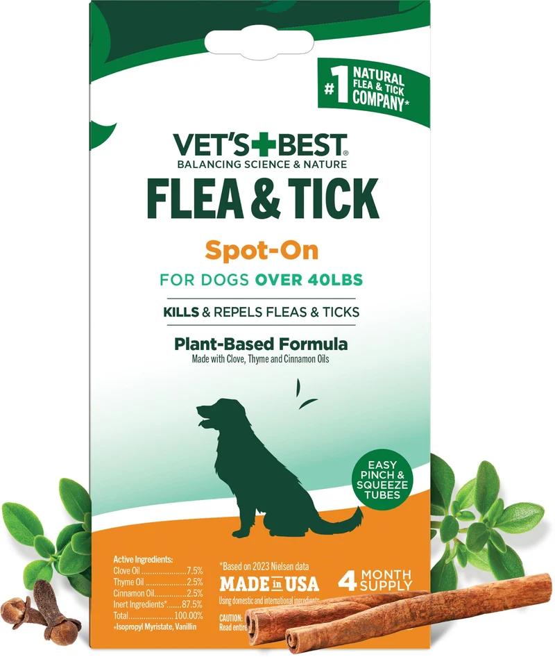 Vet's Best Gouttes Anti-Puces et Tiques pour Gros Chiens – Naturelles, Huiles Essentielles – Traitement Topique, 4 Mois